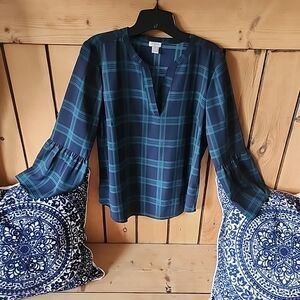 J Crew Tartan Green and Blue Plaid Womens sz Medium blouse with bell sleeves